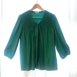 100 % Silk JOIE Emerald Green Smocked  Blouse